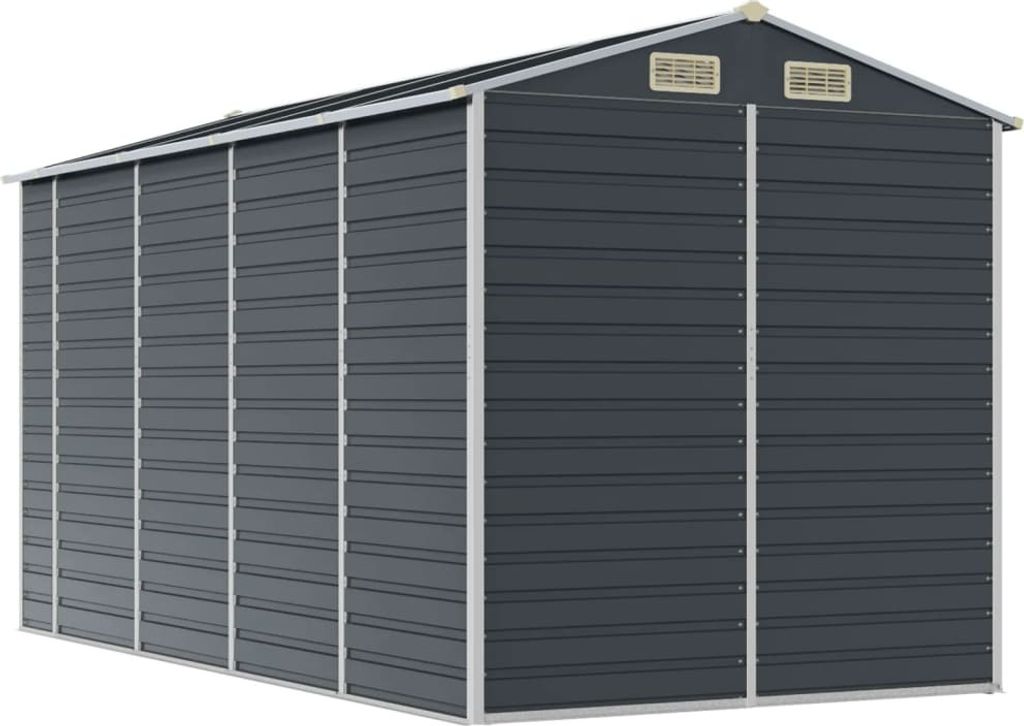 A dark gray metal shed with silver trim, shown from a slight angle.