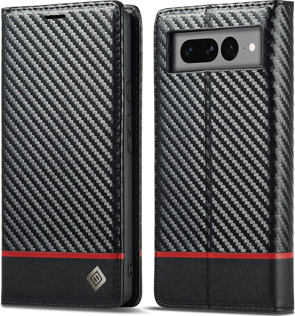 Hülle für Google Pixel 7 Kohlefaser Leder Brieftasche Schutzhülle mit Standfunktion Schwarz Horizontal Rot