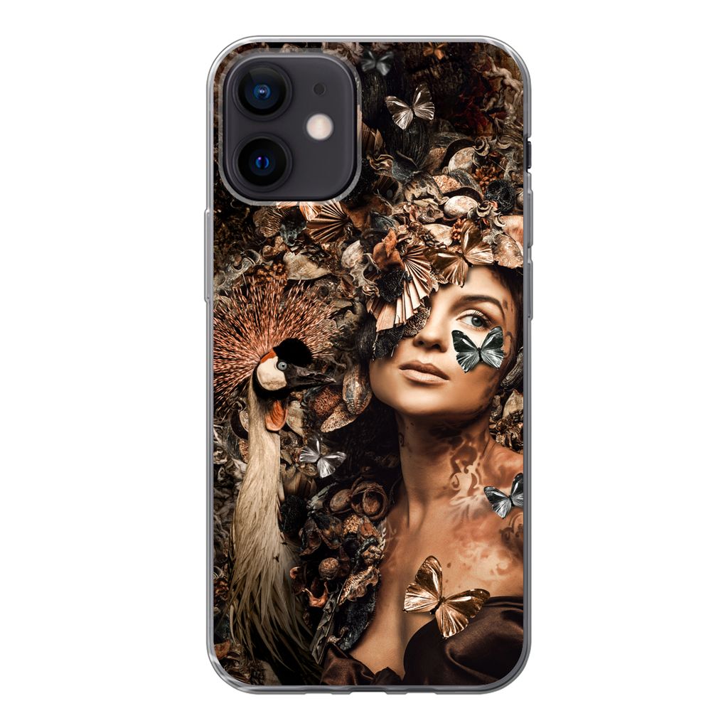 MuchoWow Handyhülle Schutzhülle Hülle für iPhone 12 Luxus - Frau - Tiere - Schmetterlinge - Vögel Silikon Softcase Handy Hülle - Schutzhülle