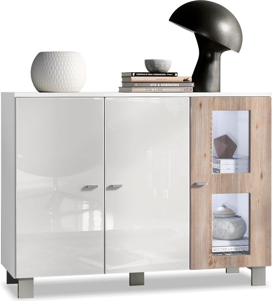 Vladon Sideboard Denjo, Germany, Kommode mit 3 Türen, Weiß matt/Weiß Hochglanz/Eiche Nordic, inkl. LED-Beleuchtung (107 x 81 x 35 cm)