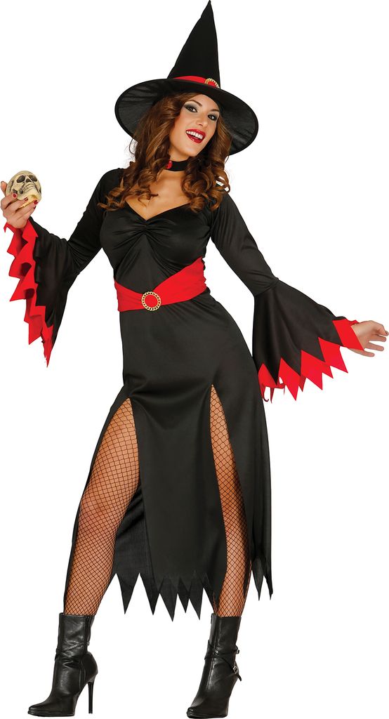 Hexenkostüm Halloween Magie Zauber Kleid Schwarz Rot Hut, Größe: 42 - 44 (L) Farbe: Schwarz