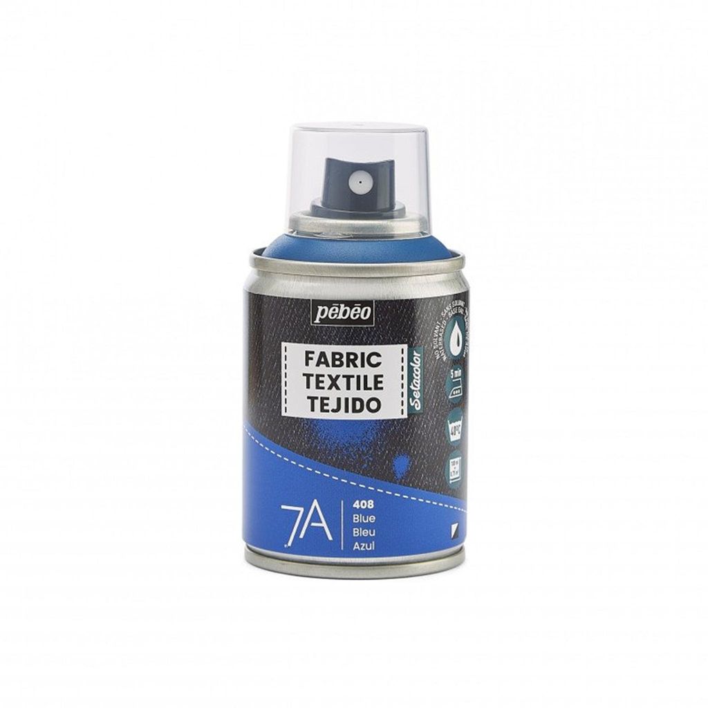 A spray can of blue fabric textile paint against a white background.