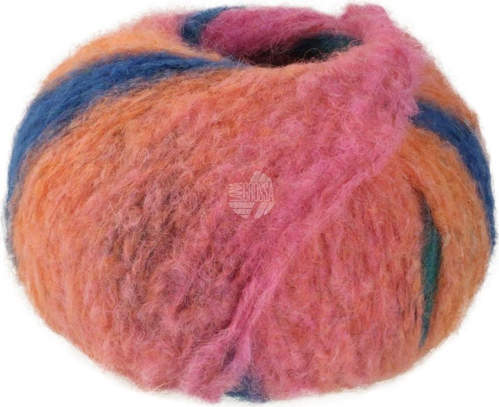 Lana Grossa GIGANTE 100 g voluminöses Alpakagarn mit Streifeneffekt 300 m Farbe 015 - Mandarin/Petrolgrün/Pink/Petrolblau/Tannengrün