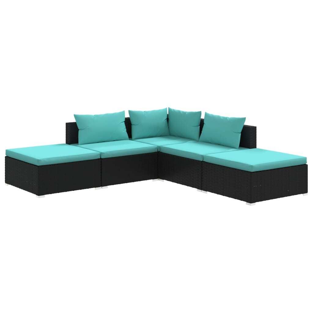 5-tlg. Garten-Lounge-Set mit Kissen Poly Rattan Schwarz Produktbild 