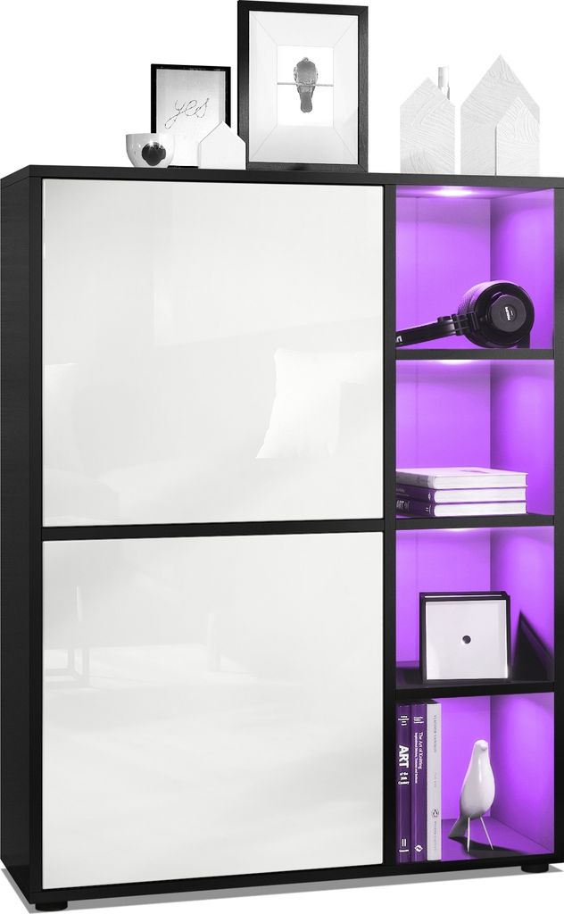Vladon Highboard Schrank Anrichte Cuba mit 8 Fächern, Germany, Korpus in Schwarz matt / Fronten in Weiß Hochglanz, mit RGB LED Beleuchtung