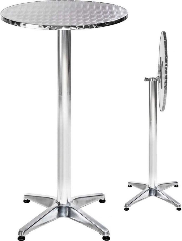 Two silver bar tables are shown against a white background. One table is fully assembled and upright, while the other is shown from the side with its top folded down.