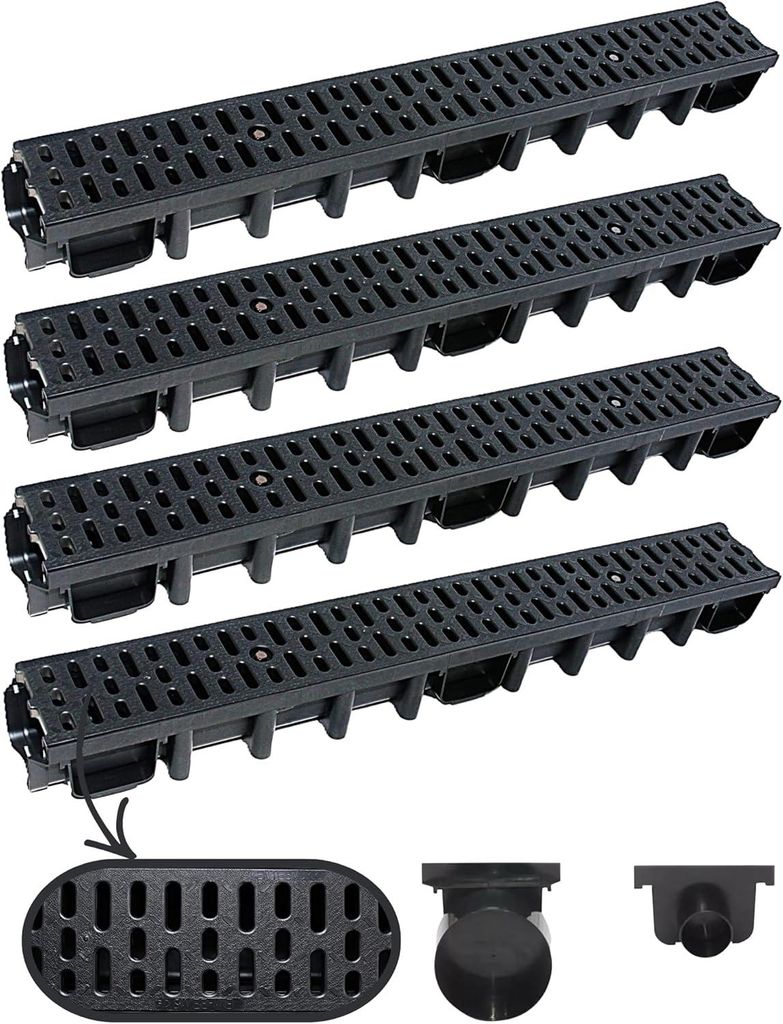 Megaa store 4m Entwässerungsrinne 98 mm – Komplettset A15 Kunststoffrinne Schwarz/Grau/Verzinkt Verschiedene Rostmuster Drainagerinne Bodenrinne