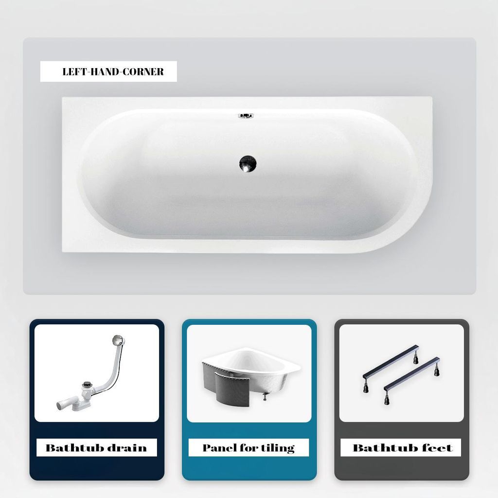 Asymmetrische Badewanne - 160 x 75 cm - Links - mit Verkleidung - mit Füßen - Ablaufgarnitur Chrom - AVITA SLIM
