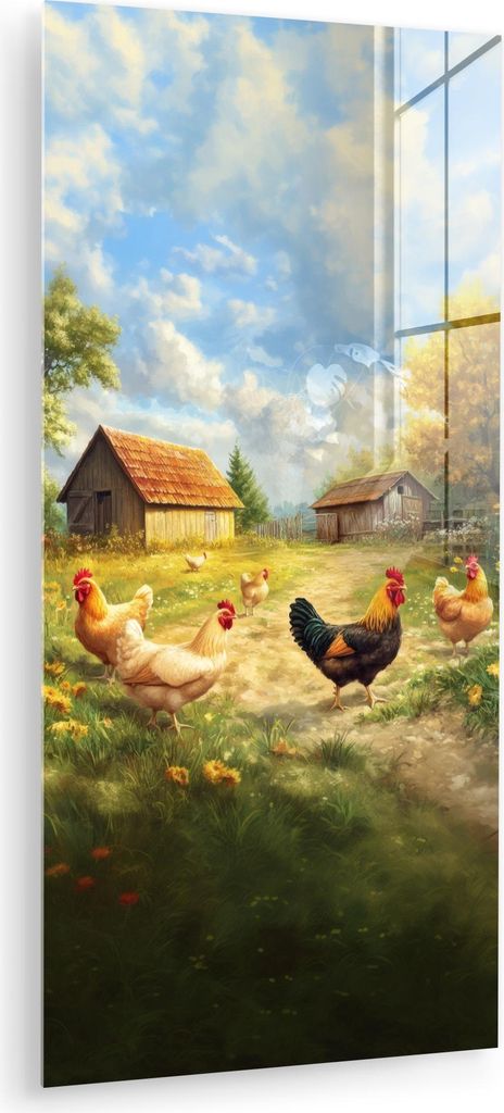 MuchoWow Glasbilder - Bilder auf Wandbild - Foto auf Glas Hühner - Ländliche Beschaulichkeit - Natur 60x120 cm Wanddekoration aus Glas - Acrylgla...