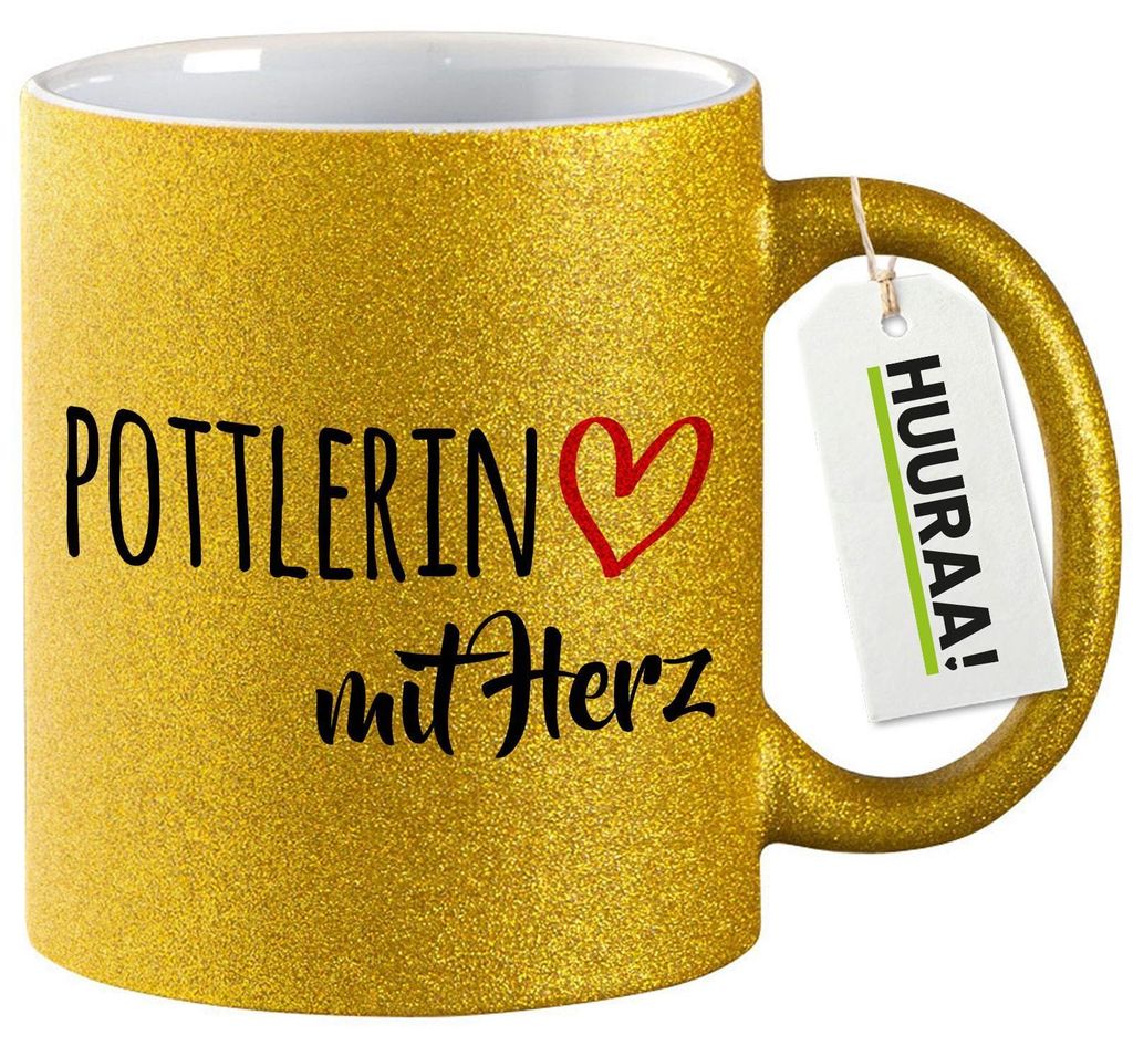 Huuraa Glitzertasse Pottlerin mit Herz 330ml Gold Keramik Kaffeebecher Geschenkidee