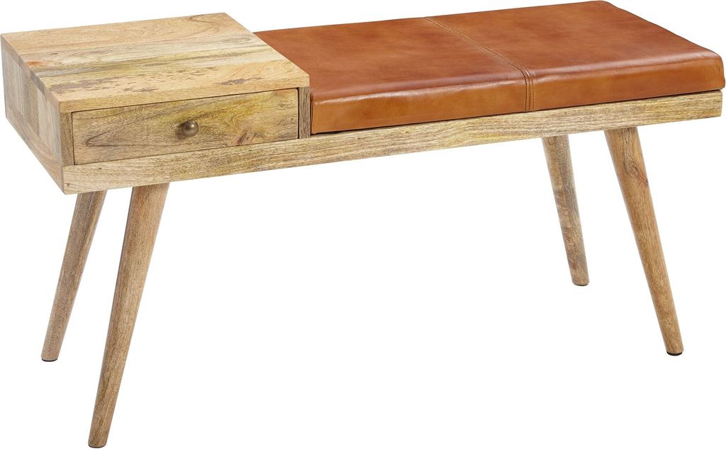 Sitzbank Ziegenleder / Massivholz Bank 100x52x38 cm im Retro Stil, Flur Polsterbank mit Stauraum, Gepolsterte Lederbank Aufbewahrung Braun, Kleine ...