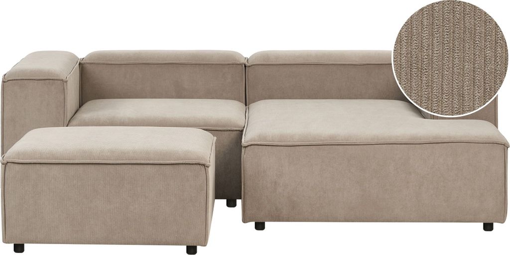 BELIANI Ecksofa mit Ottomane Hellbraun Cord L-förmig 3-Sitzer Modulsofa Chaiselongue Linksseitig Wohnzimmermöbel Modern Wohnzimmer Wohnecke Sitzecke
