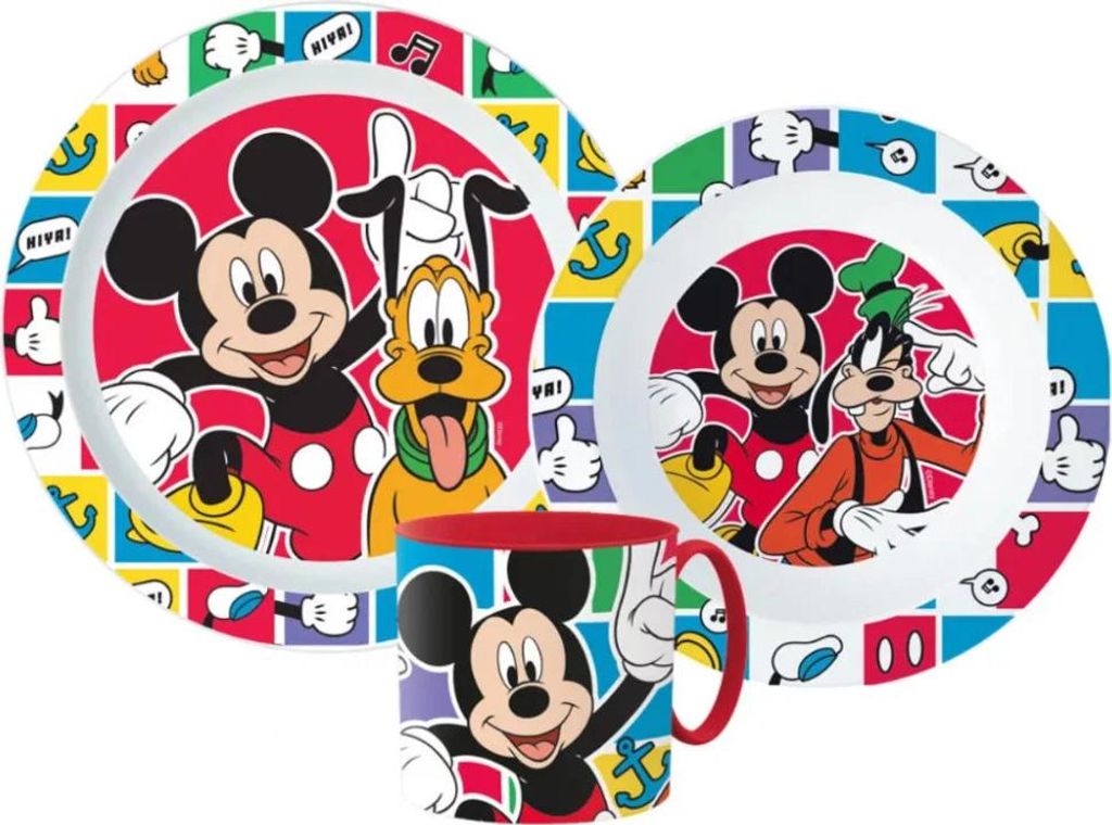 Mickey Maus Pluto Goofy Kinder Geschirr-Set 3 teilig Becher Teller Schüssel