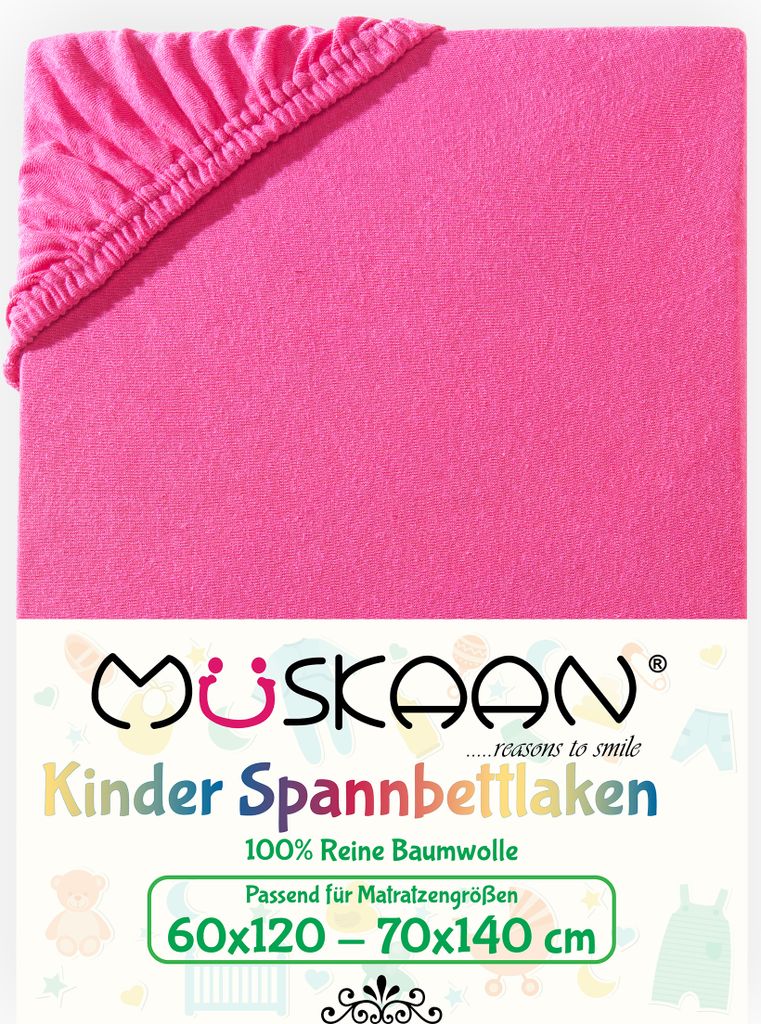 A pink fitted sheet with an elasticated corner, shown flat with branding and product details below.