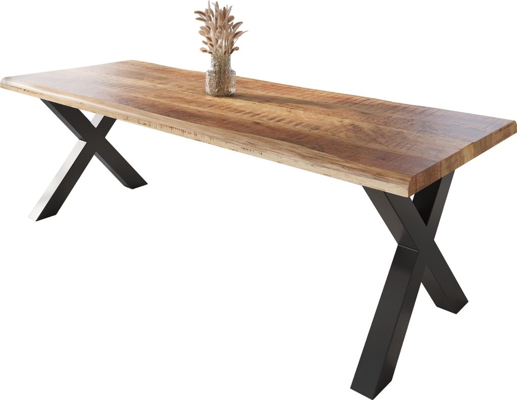 Esstisch Baumkante massiv Mango rough 260 x 100 X-Gestell schwarz ATLAS