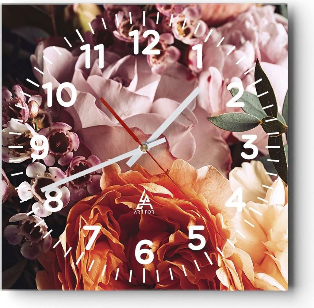 Wanduhr - Quadrat - Glasuhr - Blumen Getreide Rosen - 40x40cm - Schleichendes Uhrwerk - Lautlos - zum Aufhängen bereit - Dekoration Modern - Wandd...