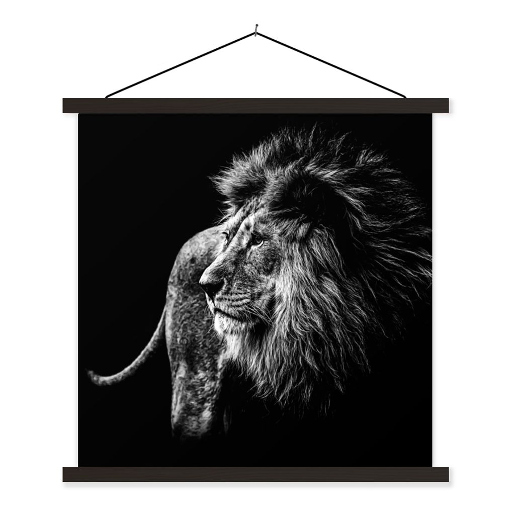 MuchoWow Textilposter Tiere - Wild - Löwe - Schwarz - Weiß 90x90 cm mit schwarzem Rahmen - Magnetisches