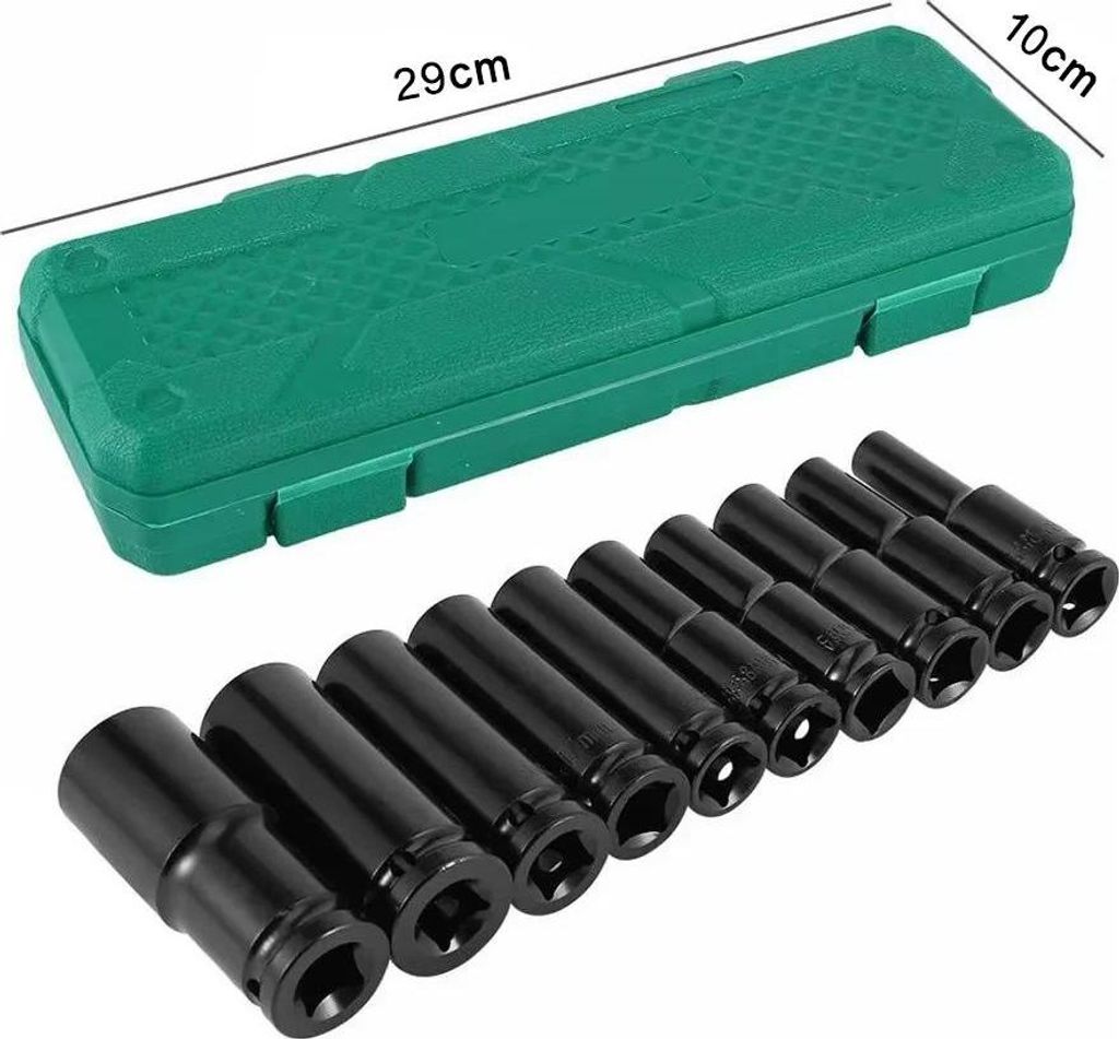 Stecknuss-Set - Schlag, tief - 1,27 cm Vierkant - 10-teilig - 10–24 mm metrisch - Cr-V Stahl - Für Schlagschrauber - Grün