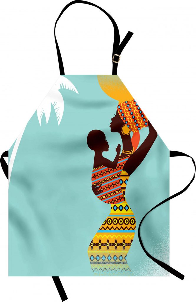 ABAKUHAUS afrikanisch Kochschürze, Afrikanische Mutter mit ihrem Baby im ethnischen Kleidungs-Retrostil-Mode-Bild, Farbfest Höhenverstellbar Wasc...