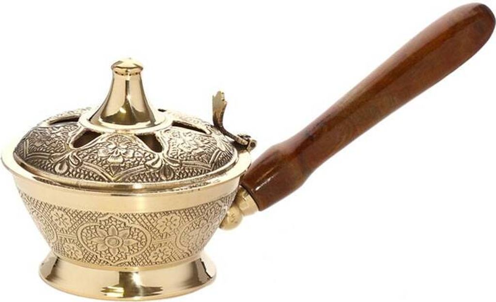 2x Räucherpfanne Holzgriff Handarbeit Messing Räuchergefäß Esoterik Gold 1542