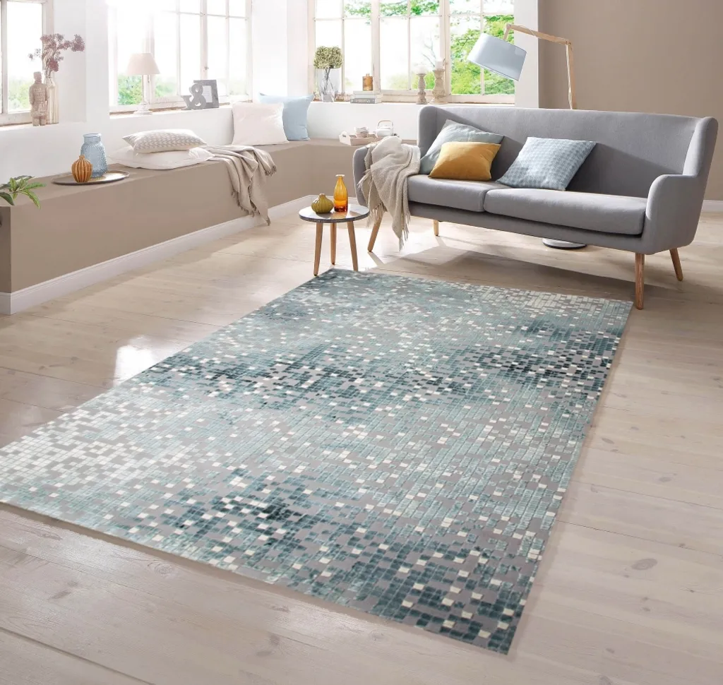 Tapis design aux motifs carrés découpés coloris turquoise et gris 80x300