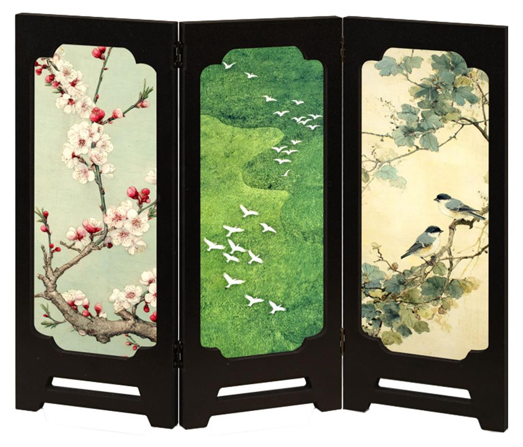 Mini-Paravent mit Blumenmuster, rustikaler 3-teiliger Raumteiler im chinesischen Vintage-Stil, Tischparavent, Feng-Shui-Dekoration für Zuhause und...