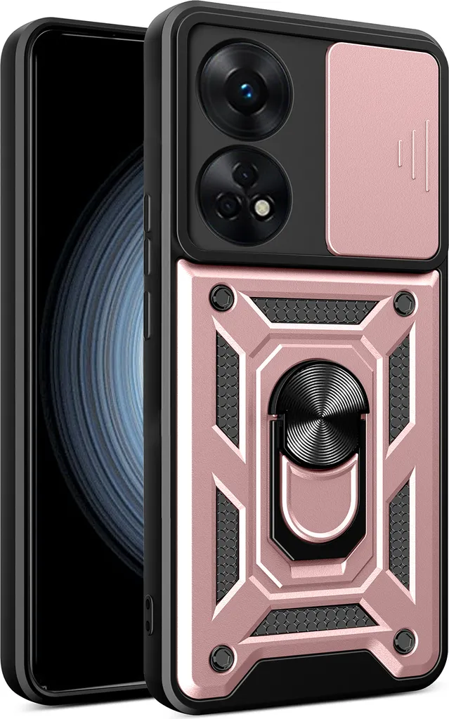 Custodia per Oppo Reno8 T 4G con Anello Supporto Supporto Scivolare Protezione Fotocamera TPU PC Ibrido Custodia per Cellulare Oro Rosa