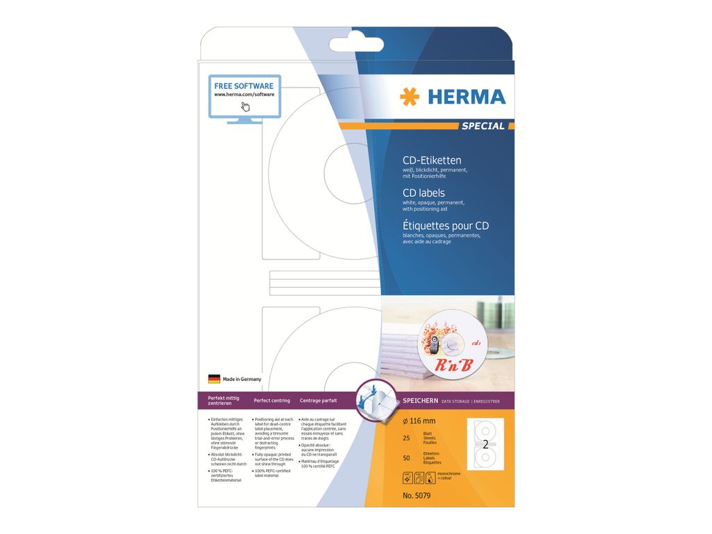 Herma 5079 Étiquettes de CD A4 blanches Ø 116 mm papier mat