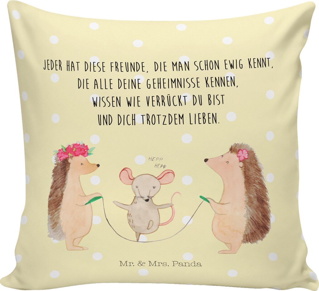 Mr. & Mrs. Panda Dekokissen Igel Seilhüpfen - Gelb Pastell - Geschenk, Maus, kissen bedruckt, zier, Lustige Sprüche, Kinder, kuschelkissen 40x40,...