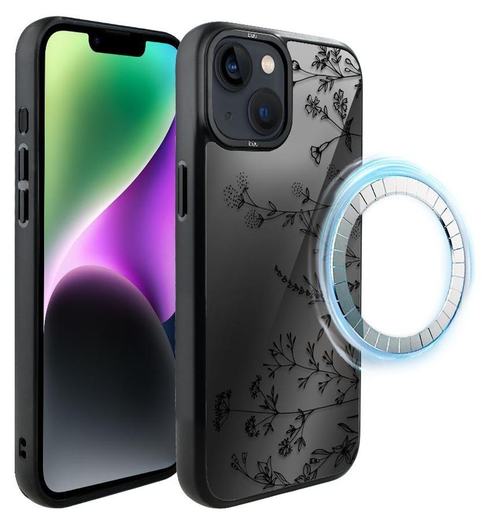Schutzhülle für das iPhone 14 Plus, MagSafe-kompatibel, mattschwarze Seiten, kleine Blumen