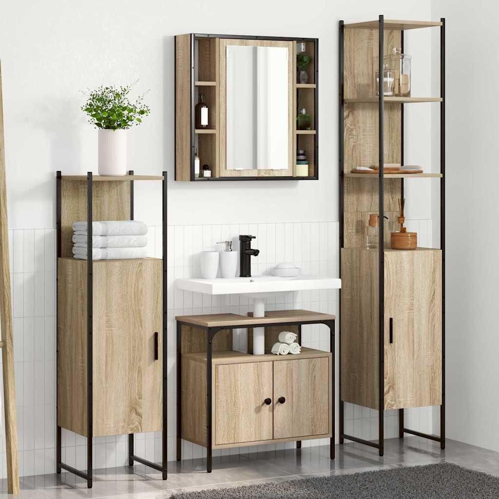 Badezimmermöbel Set mit Regal Wandmontiert Sonstiges mit Speicher mit Tür mit Spiegel 4 pcs Sonoma Eiche