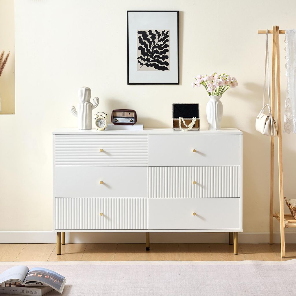 Sweiko Modernes 6-Schubladen-Kommode, Weiße Aufbewahrungs-Kommode mit Zinklegierung-Griffen & Stahlbeinen, 120×40×78cm MDF-Schrank für Schlafzi...