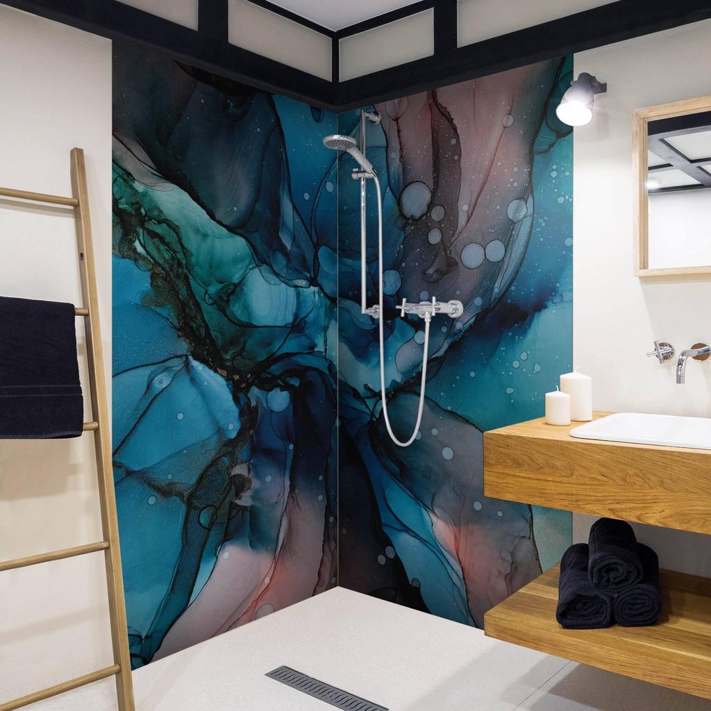 Duschrückwand Muster selbstklebend - 0.61 mm Wandpaneel wasserfest Design petrol Aquarell Abstrakt Badrückwand fugenlos Premium matt 90x190 cm