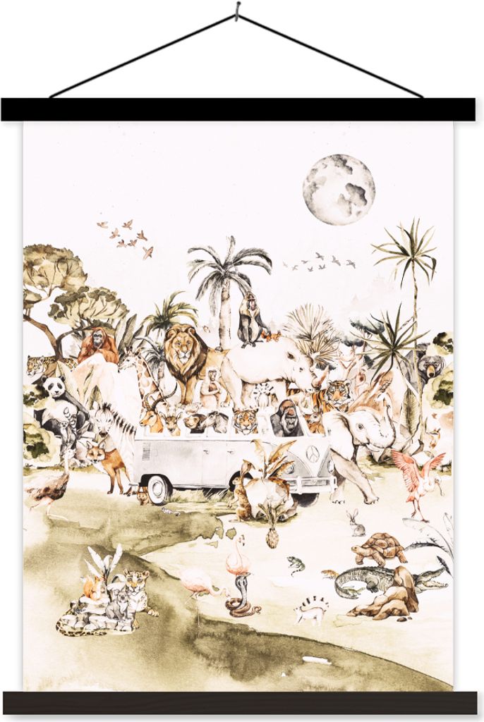 MuchoWow Textilposter Bus - Tiere - Kinder - Jungen - Mädchen - Palme 60x80 cm mit schwarzem Rahmen - Plakathalter