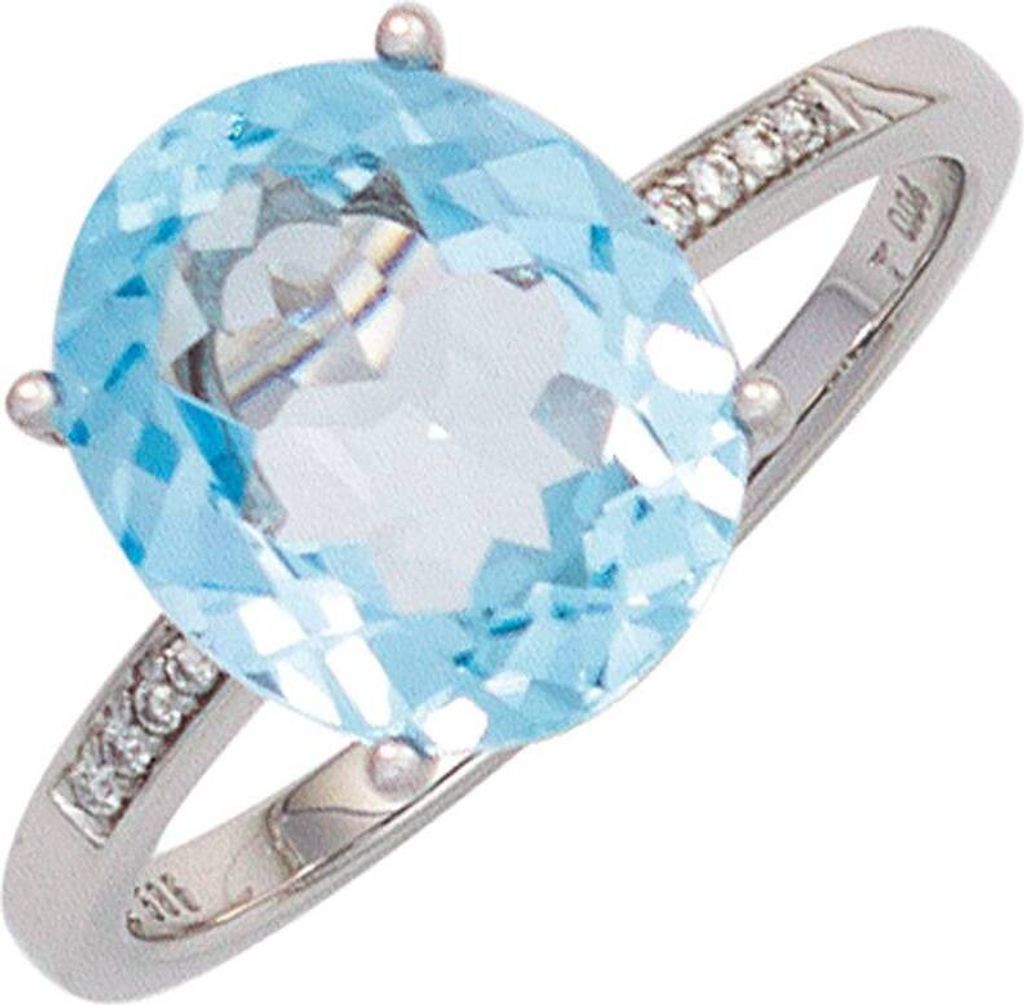 JOBO Damen Ring 585 Gold Weißgold 1 Blautopas 8 Diamanten Brillanten Goldring Größe 56