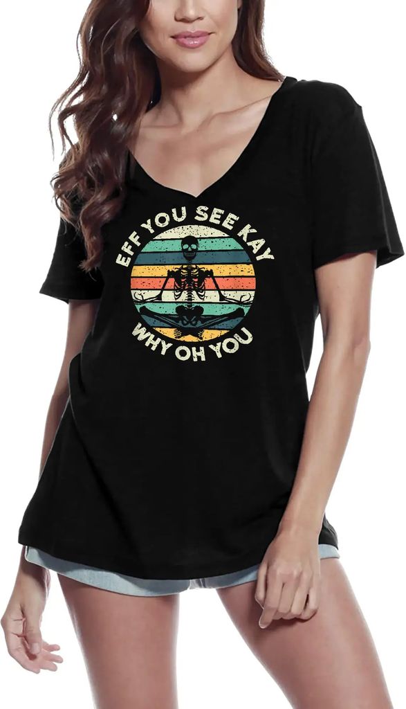 Damen Grafik T-Shirt V-Ausschnitt Yoga retro Skelett spirituelle Meditation – Yoga Retro Skeleton Spiritual Meditation – Öko-Verantwortlich Vi...