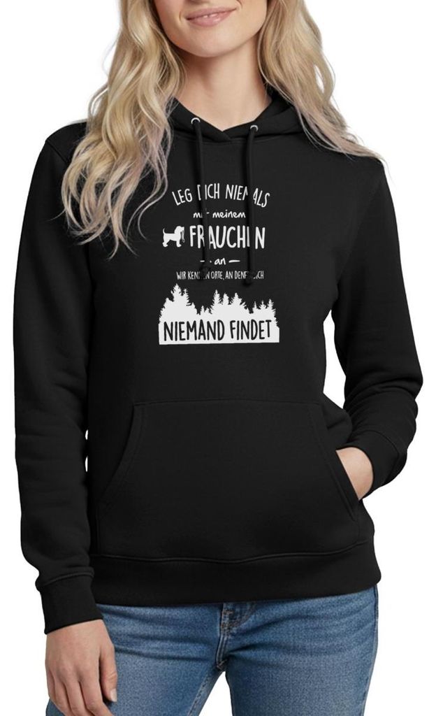 Spreadshirt Leg Dich Nie Mit Frauchen An Hund Witzig Spruch Damen Hoodie, XXL, Schwarz