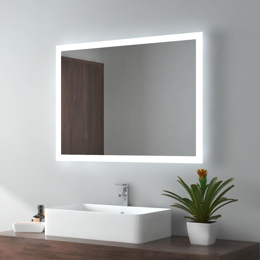 emke led badspiegel 60x80cm badezimmerspiegel mit beleuchtung 2 lichtfarbe  3000/6500k lichtspiegel wandspiegel mit tastenschalter + beschlagfrei ip44