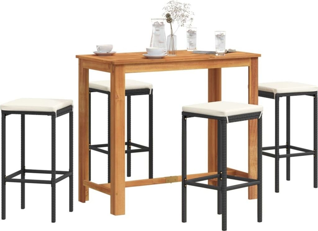 Möbel 5-tlg. Gartenbar-Set Schwarz Massivholz Akazie und Poly Rattan - Gartenmöbelgarnituren 3295283