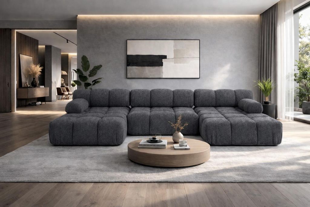 Kaiser Möbel Ecksofa U-Form, Stoff Bouclé Abriamo, Dunkelgrau, Selia U