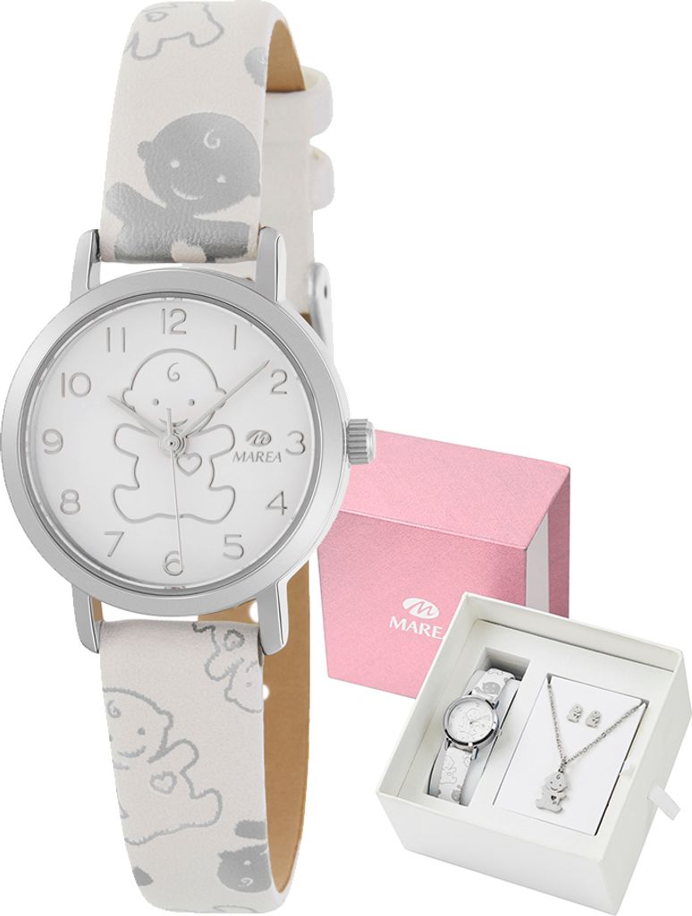 Marea Geschenkset aus Uhr, Kette und Ohrringen Motiv Baby - Quarzuhr mit Lederarmband, Kette & Ohrringe aus Edelstahl - B41305/7