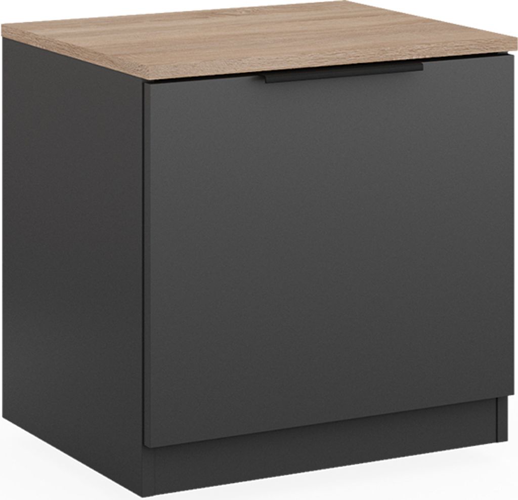A single nightstand with a dark gray body and a light brown wooden top.