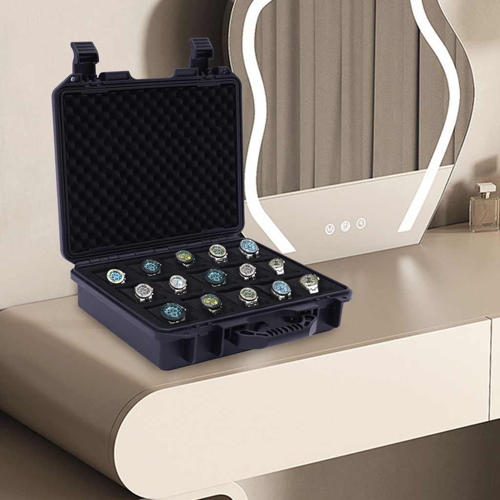 15 Slots Aufbewahrungsbox für Uhren, Uhrenaufbewahrungsbox Plastikkoffer Koffer Display Aufbewahrungsbox Wasserdicht