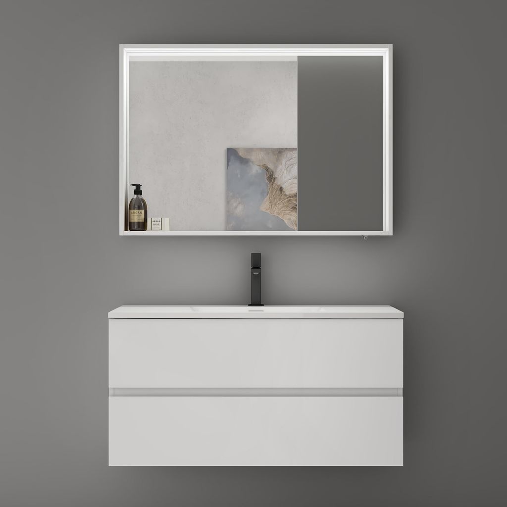 doporro Spiegelschrank Wandspiegel mit LED-Beleuchtung und Ablage Wandschrank in Matt Weiß aus Holz 100x12x70cm Hängeschrank für Badezimmer Spie...