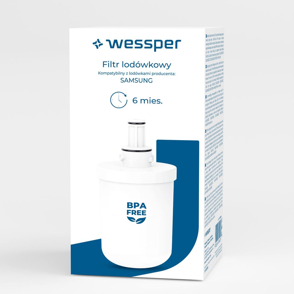 A product box for a refrigerator water filter, showing the filter itself and product information.