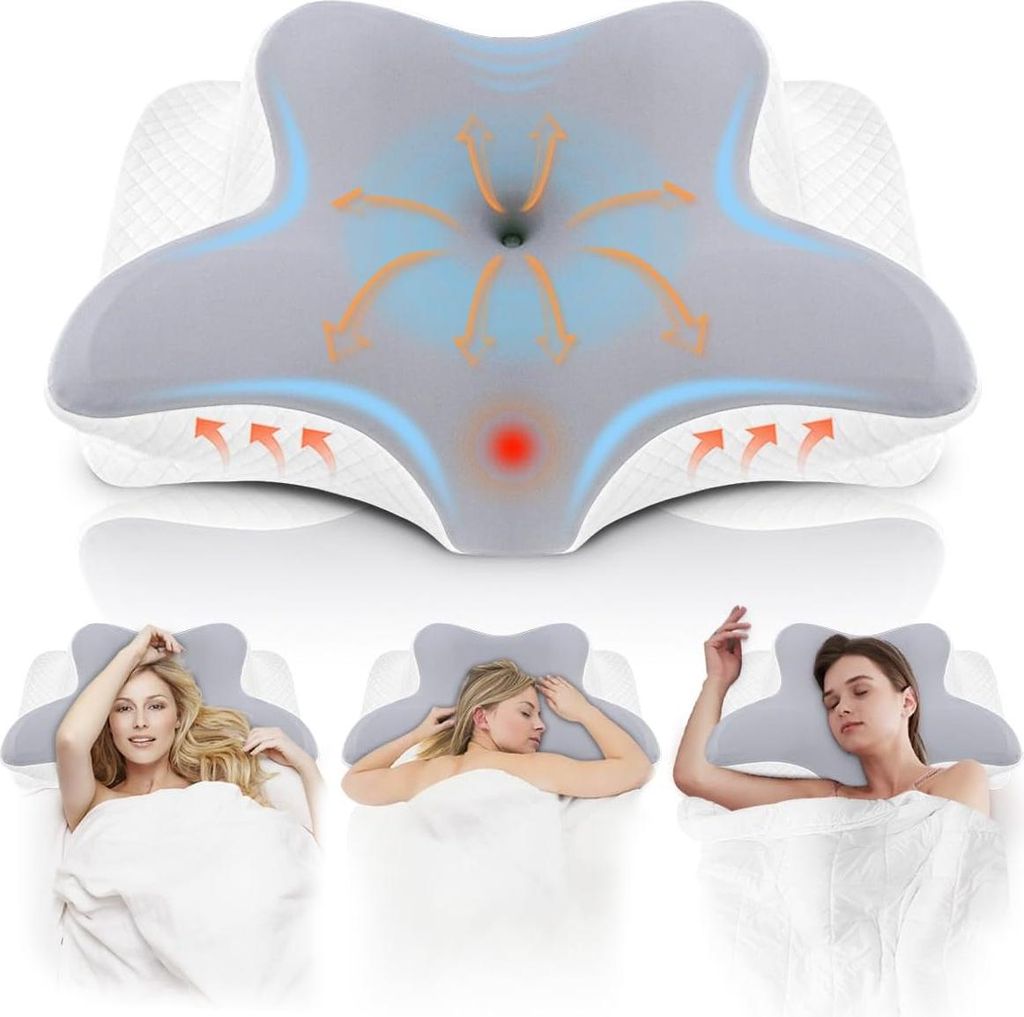 A collage showing an orthopedic pillow with diagrams and three women sleeping on it.
