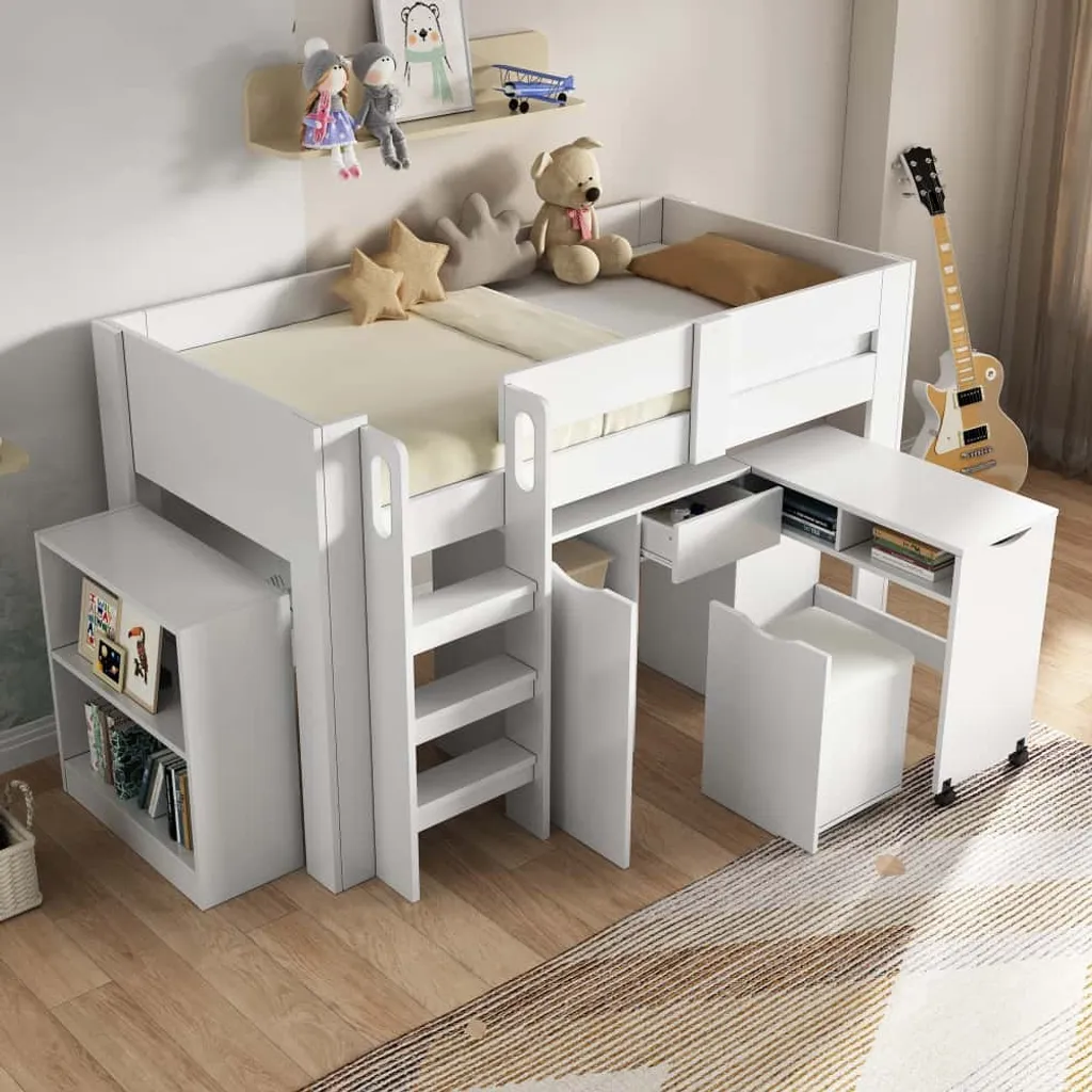 AIORBER Lit superposé 90x200 avec bureau et armoire en MDF blanc - 5