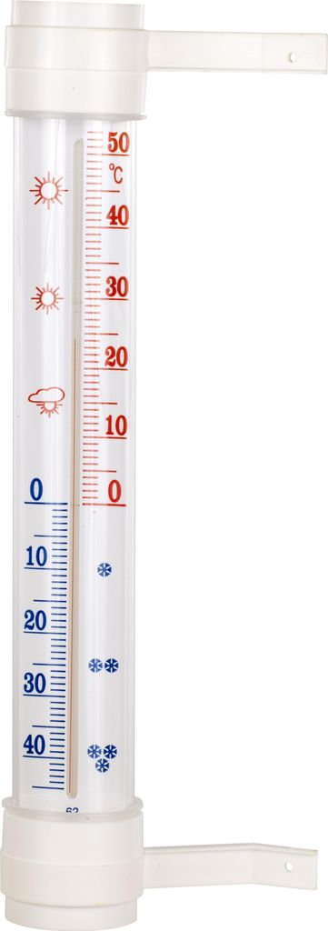 A white thermometer with temperature markings and weather icons.