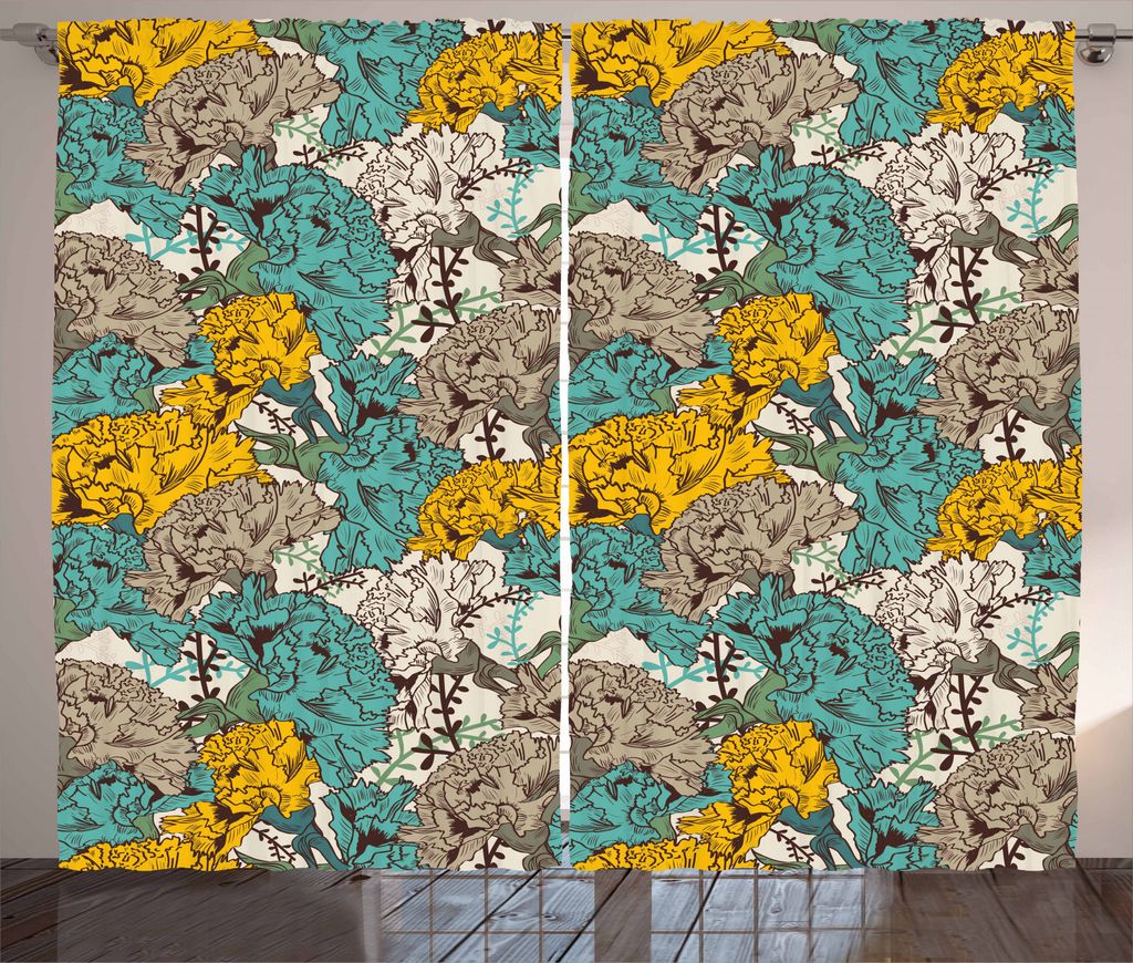 ABAKUHAUS Blumen Rustikaler Gardine, Zeichnungs-Art-Weinlese, Schlafzimmer Kräuselband Vorhang mit Schlaufen und Haken, 280 x 245 cm, Erde Gelb T...