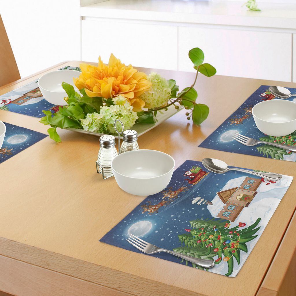 ABAKUHAUS Weihnachten Platzmatten, Klassische Weihnachtslandschaft Sankt, die Geschenke mit Rudolf das rote gerochene Ren liefert, Waschbarer und F...